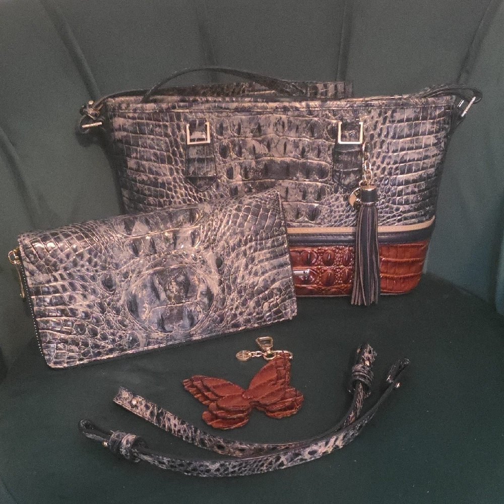 Brahmin GLACIER Mini Asher Purse Skyler Wallet and Butterfly Set